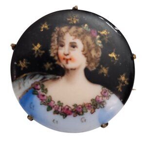 Round Glass Lady Painted Pin C Clasp J380